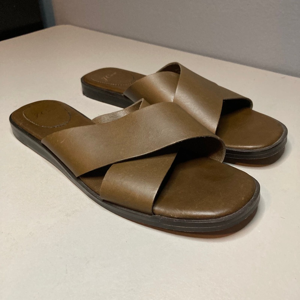 J. Crew Sandals Womens Size 9.5 Gretchen Cross-strap Green Leather Slip On